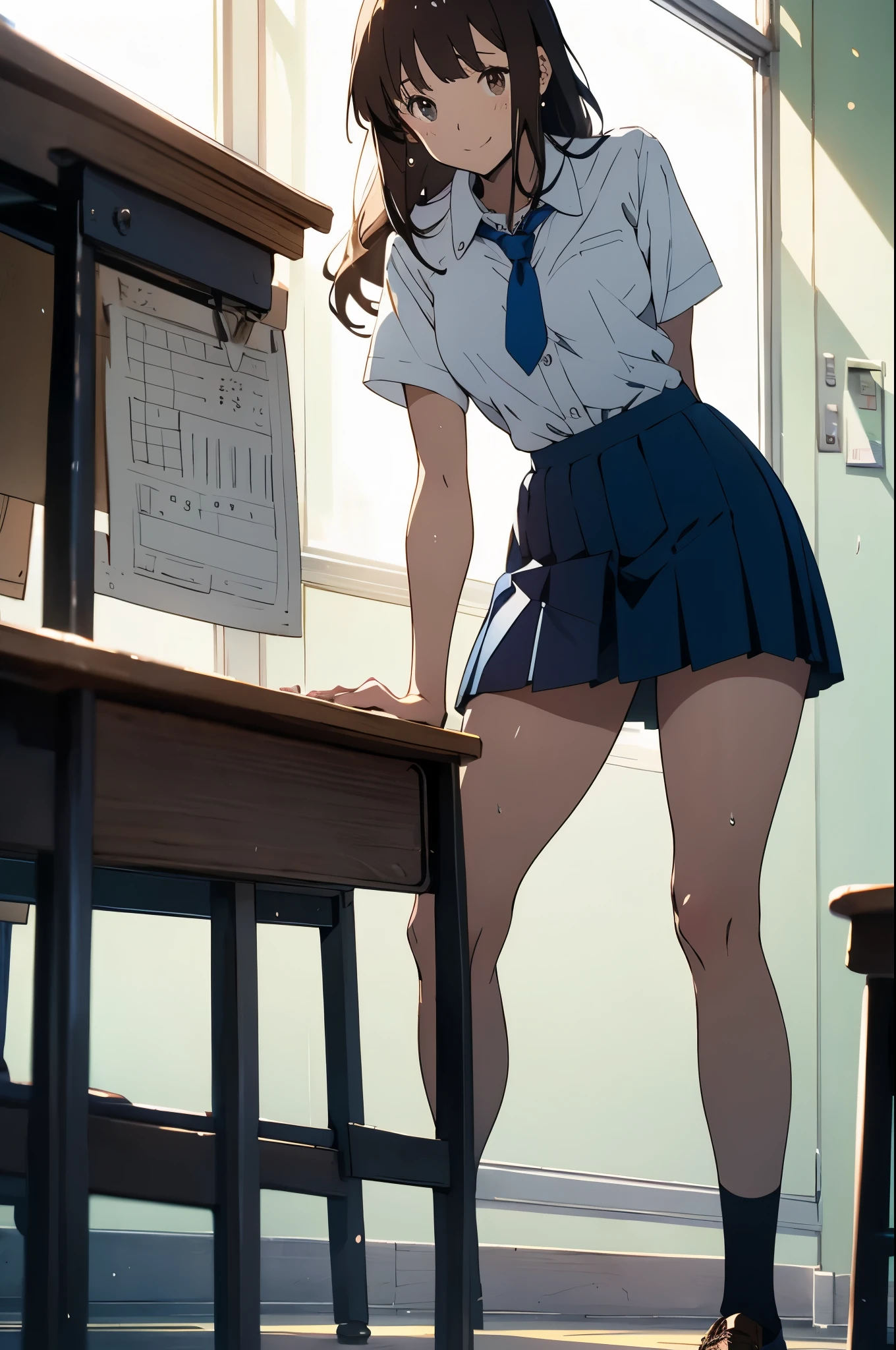 (masterpiece,Best Quality,Detailed beautiful face and eyes,Perfect Anatomy,beautiful illustrations,best anime),cowboy shot,(1woman,solo),sweat,25 year old beauty、brown hair、long hair ,blunt bangs,brown eyes,smile,shy look、perfect proportion,slender body,skinny,medium breasts,gleaming skin,oliy skin,shiny skin,standing,School uniform、collared shirt、white shirt、short sleeve、navy blue tie、Dark blue skirt、pleated mini skirt,Black High Socks、daytime、sunlight、classroom、school building、Schools in Japan、