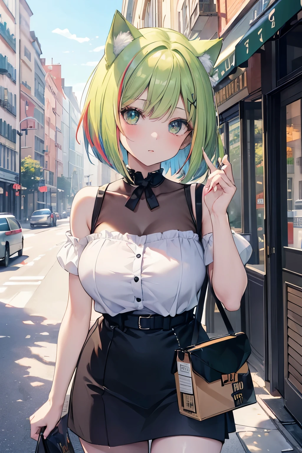 ((masterpiece)), ((best quality)), ((8K)), high resolution, 1girl, cat ears,city, pale skin, large breasts, green eye, multicolored hair, bob cut, gift box, noon, lunch, chicken,