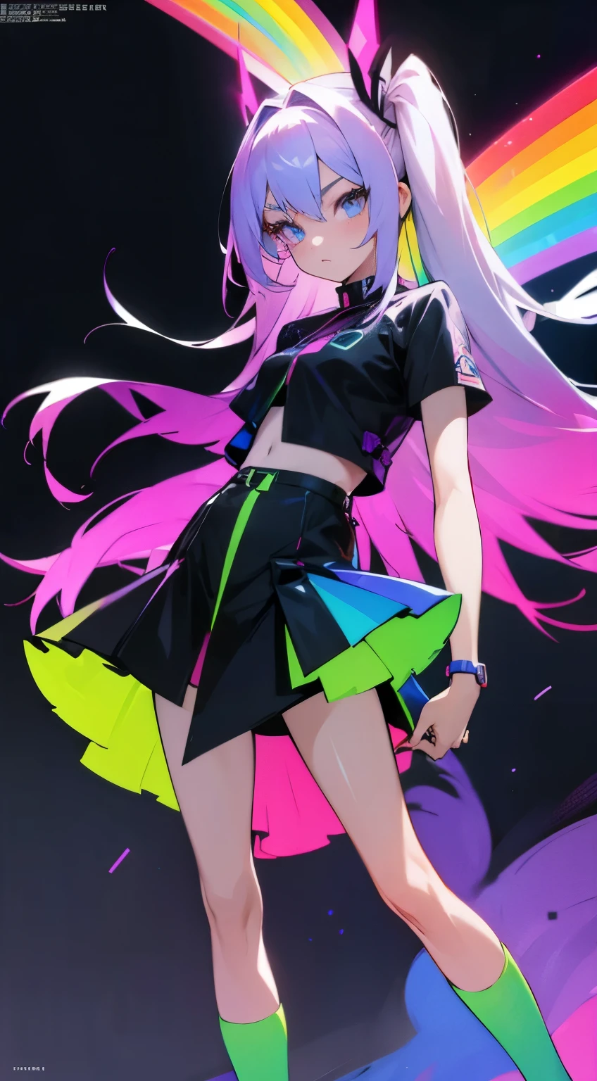 Anime girl, dark neon rainbow outfit, fashion design, fashion magazine