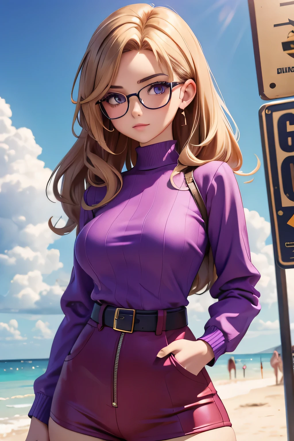(masterpiece, professional photo:1.1), (8k, high resolution), single, solo women, European, (straight messy hair (dark blonde)), sexy curve, beautiful face, ultra detail eyes, (glasses:1.1), small breast, (high waist short pink:1.2), (red high neck:1.2), sexy goddess, street, old beach side build, high quality image