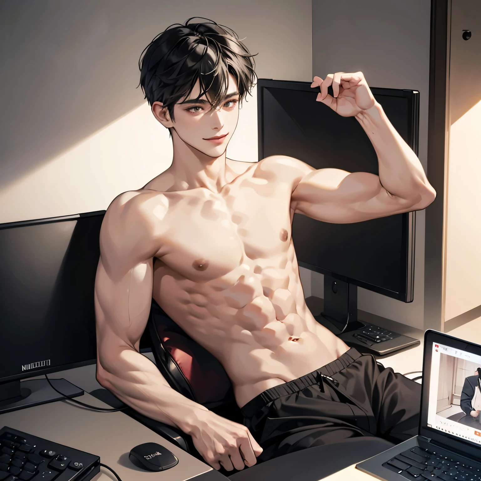 masterpiece, high quality, best quality, HD, actual, perfect lighting, detailed body, 1 person, short black hair, naked, thin waist,abdominal muscles,Smile, rest, wearing headphones, facing the monitor, in the room