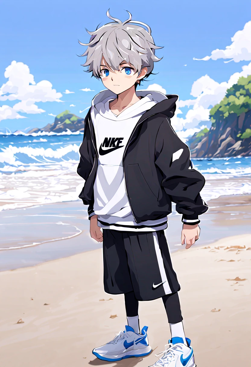 masterpiece,best quality,4k quality,unparalleled clarity,full body character,whole body, Delicate face,
a boy,sports student,Handsome boy,cute,,anime characters,blue eyes,smirk,male focus,Gray hair is messy,Upper body black Nike hoodie,wearing black leggins,White basketball shoes,standing posture,white socks,Face clear on beach background