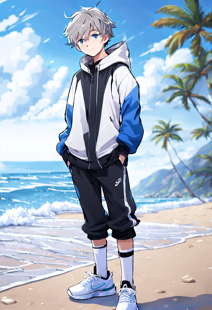 masterpiece，best quality，4k quality，unparalleled clarity，full body character，whole body， Delicate face，
 a boy，sports student，Handsome boy，cute，12 years old，anime characters，blue eyes，smirk，male focus，Gray hair is messy，Upper body black Nike hoodie，wearing black leggins，White basketball shoes，standing posture，white socks，Face clear on beach background
