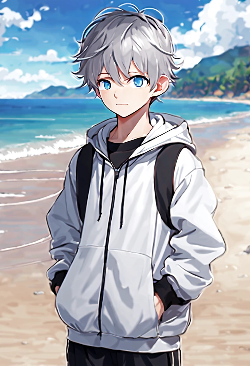 masterpiece,best quality,4k quality,unparalleled clarity,full body character,whole body, Delicate face,
a boy,sports student,Handsome boy,cute,,anime characters,blue eyes,smirk,male focus,Gray hair is messy,Upper body black Nike hoodie,wearing black leggins,White basketball shoes,standing posture,white socks,Face clear on beach background