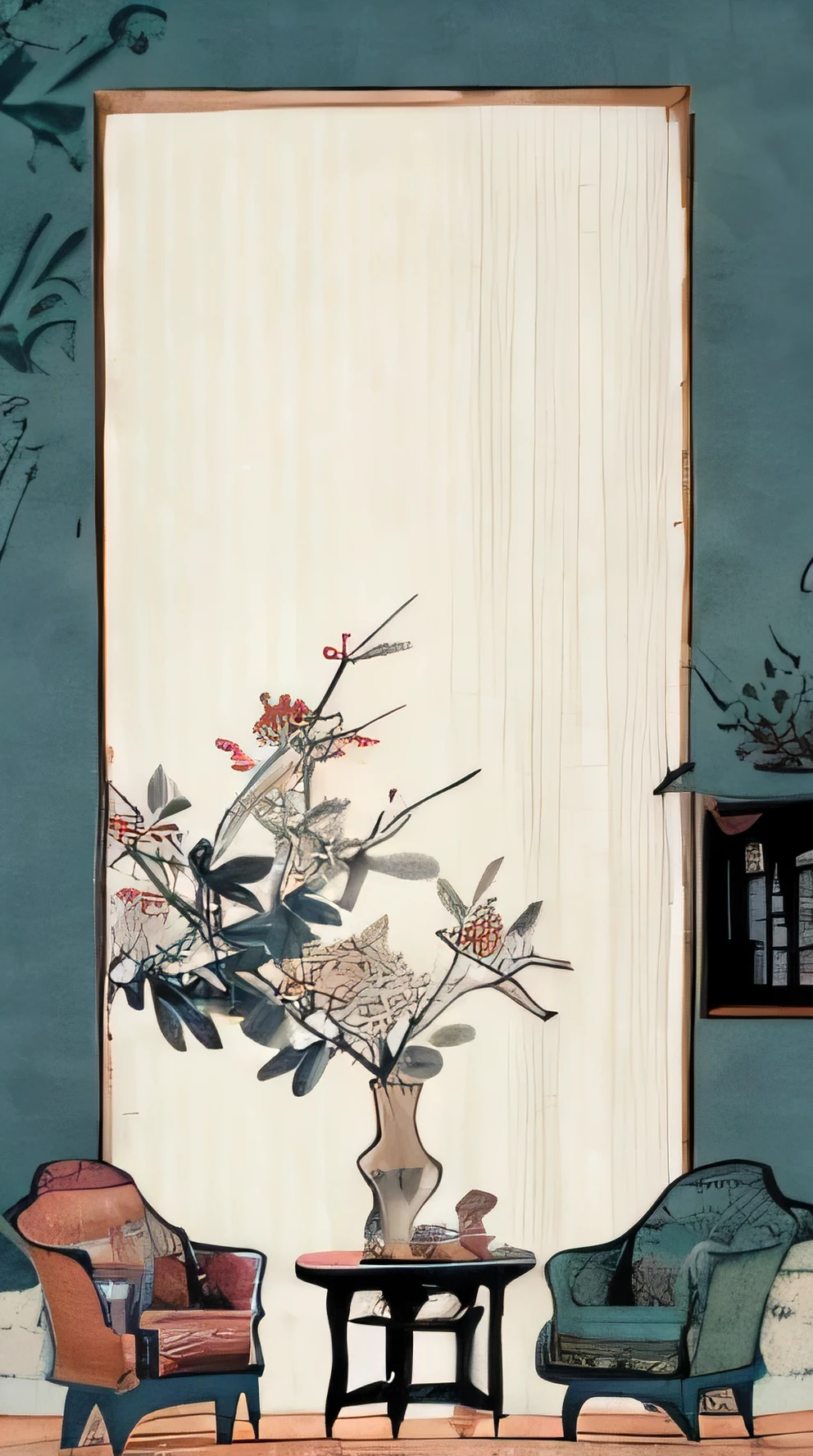 there is a picture of a living room with a couch and a table, by Yun Du-seo, oriental wallpaper, 1 4 8 0 s, chinoiserie wallpaper, mobile wallpaper, chinese style, sumi - e lighting style, wallpaper design, 1 5 0 0 s, inspired by Emperor Huizong of Song, inspired by Ma Yuan, chinese painting style