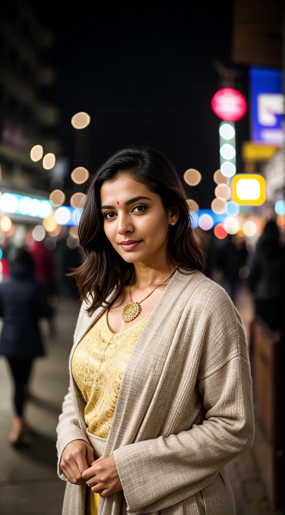 Portrait of North Indian most beautiful and attractive woman in her 40s as a beautiful female model in [[dense fog]], Georgia Fowler, flirty gaze, beautiful face, with short dark brown hair, in cyberpunk city at night. She is wearing a pale yellow [[Sweater Dress]] charm, [[bokeh, watercolor-like, glittering, mystic, ample breassts, 36D,]]