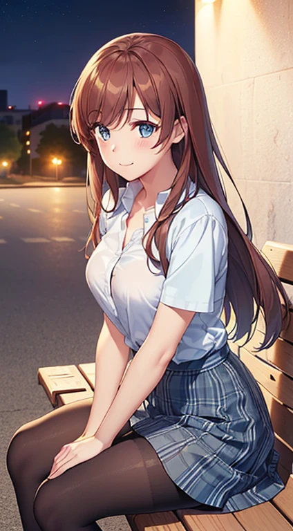 ((best quality, high resolution, pixel perfect, 4K))), 1girl in, single, alone, Beauty、see whole body、 ((Long hair to waist, Bangs, reddish brown hair)), ((blue eyes, beautiful eyelashes, realistic eyes)), ((Detailed face, blush:1.2)), ((smooth texture:0.75, lifelike质感:0.65, lifelike:1.1, Anime CG style)), medium breasts, Perfect body, ((black short sleeve shirt, light blue skirt, Plaid skirt,Black tights)), smile in love, Sitting sideways on a bench, Lift your skirt with both hands、(The wind was so strong that my skirt blew over，The chest is exposed、Black tights) , Night view platform