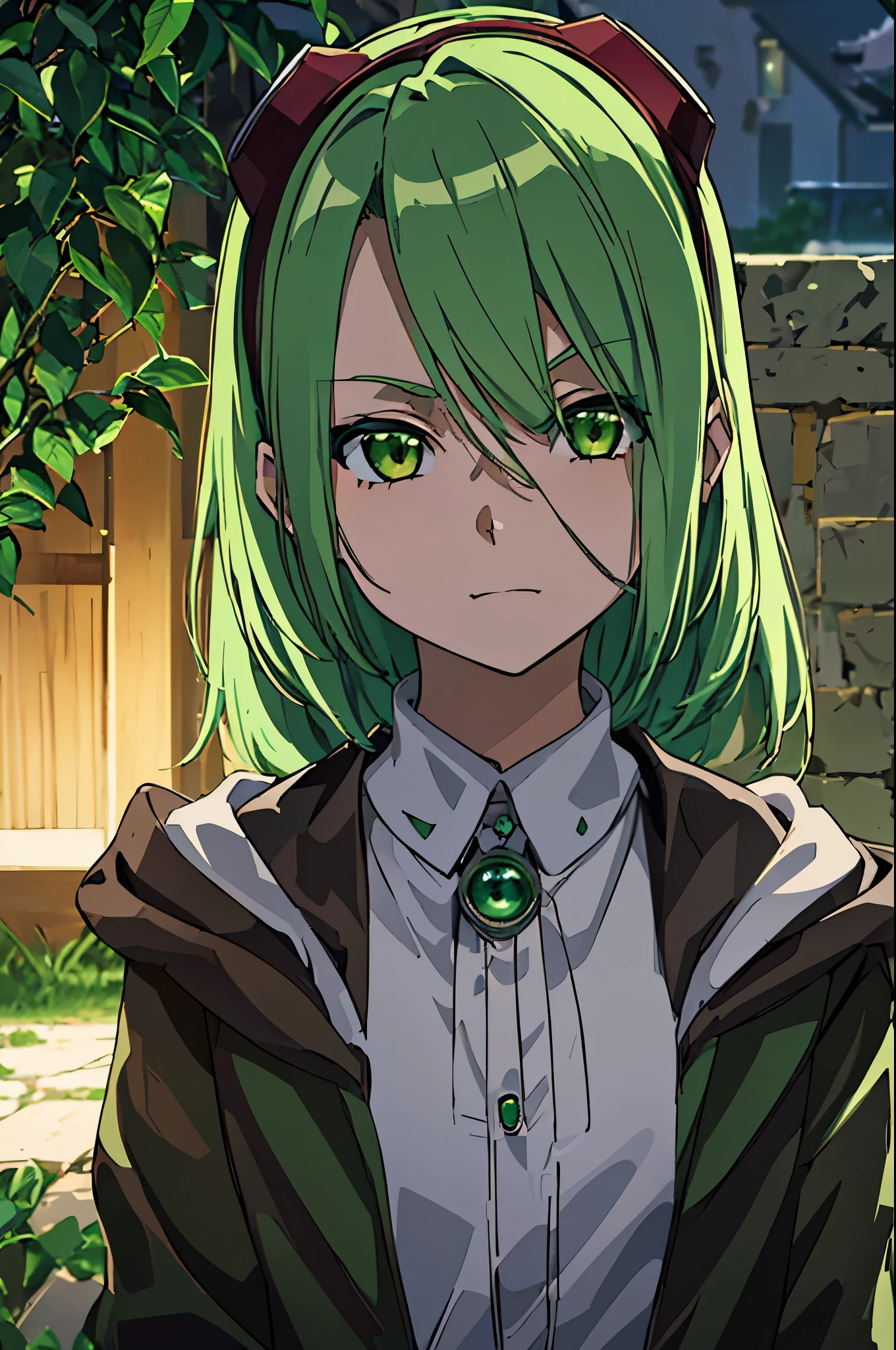 masterpiece, best quality, ((1girl)), (colorful), (finely detailed beautiful eyes and detailed face),cinematic lighting,extremely detailed CG unity 8k wallpaper, sky, cloudy_sky, building, moonlight, moon, night, (dark theme:1.3), light, fantasy, ((green Eyes)) (((green Hair))) ((Mischievous)) ((1girl)) ((Tomboy))