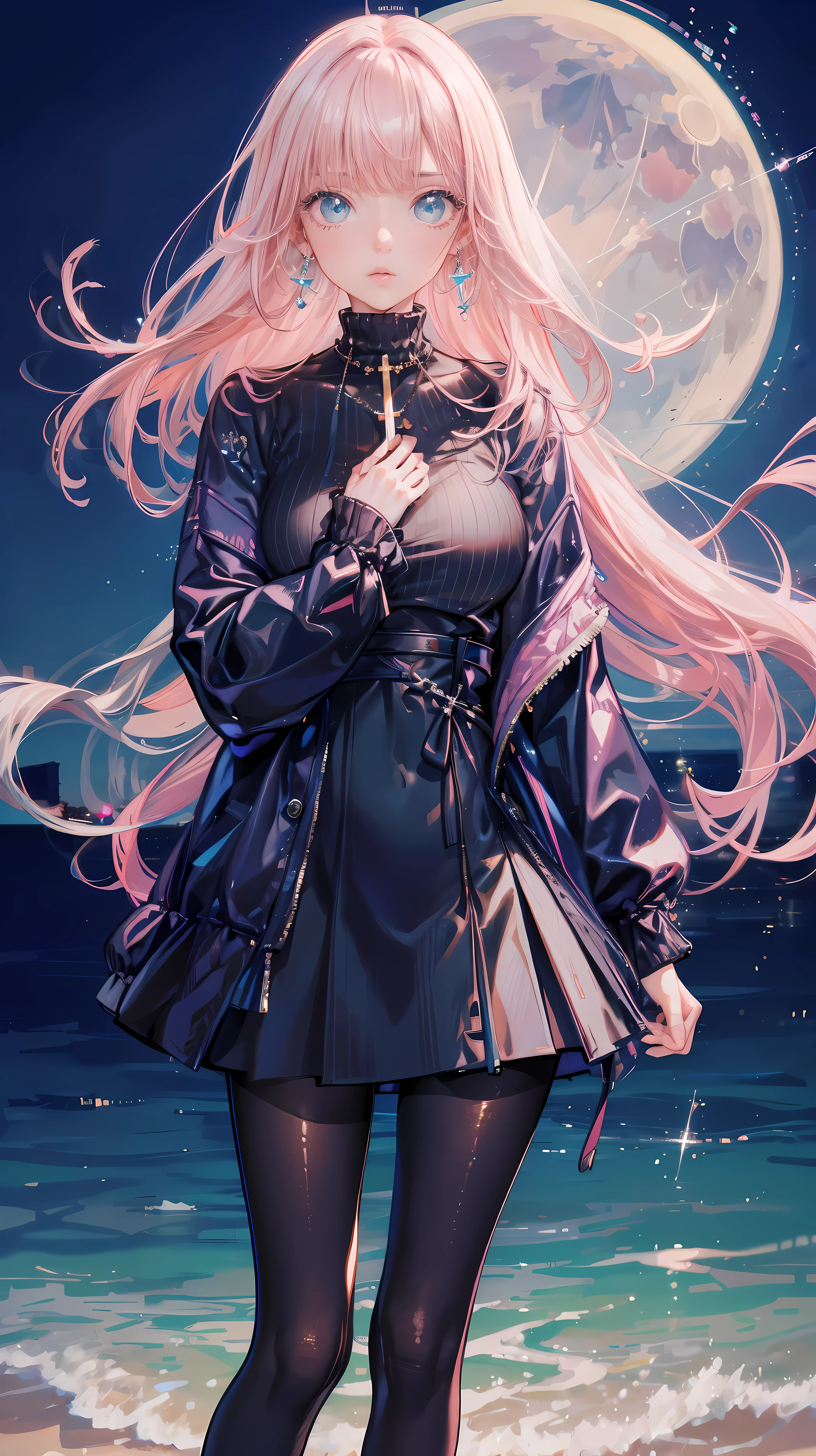 masterpiece, best quality, dusk, moon, across the sea, realistic, real, huge_File size, wallpaper, girl, milf, long hair, pink hair, 交cross刘海, beautiful and delicate eyes, aqua eyes, view viewer, small breasts, sweater dress, mini skirt, black pantyhose, earrings, jewelry, cross_leg, yokozuwari,