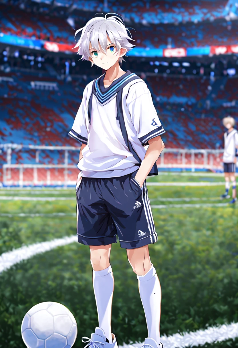 masterpiece，best quality，4k quality，unparalleled clarity，full body character，whole body， Delicate face，
 a boy，sports student，Handsome boy，cute，12 years old，anime characters，blue eyes，smirk，Male focus is prominent，Gray hair is messy，White tights on the upper body，Wear white three-quarter shorts，White basketball shoes，standing posture，white socks，Football field background face clear