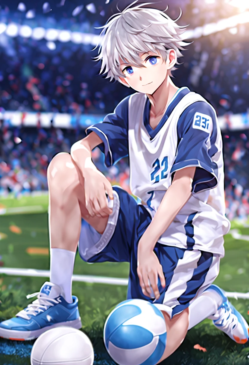 masterpiece，best quality，4k quality，unparalleled clarity，full body character，panoramic， Delicate face，
 a boy，sports student，Handsome boy，cute，，Shota，anime characters，Heterochromic eyes，look at the audience，smirk，Male focus is prominent，Gray hair is messy，sportswear，Three-point shorts，Lift your pants，Spread your legs towards the audience，sitting position，white socks，Living room background with clear face