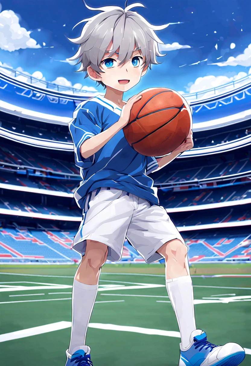 masterpiece,best quality,4k quality,unparalleled clarity,full body character,whole body, Delicate face,
a boy,sports student,Handsome boy,cute,12 years old,anime characters,blue eyes,smirk,Male focus is prominent,Gray hair is messy,White tights on the upper body,Wear white three-quarter shorts,White basketball shoes,standing posture,white socks,Football field background face clear