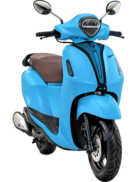 a close up of a blue scooter with a brown seat, blue, ice blue, looks smart, sky blue, front perspective, very smooth, smooth color, moped, neon blue color, light-blue, electric blue, hybrid, light blue, vibrant and dynamic, blue colored, with sleek lines and a powerful, front profile shot, crisp smooth lines
