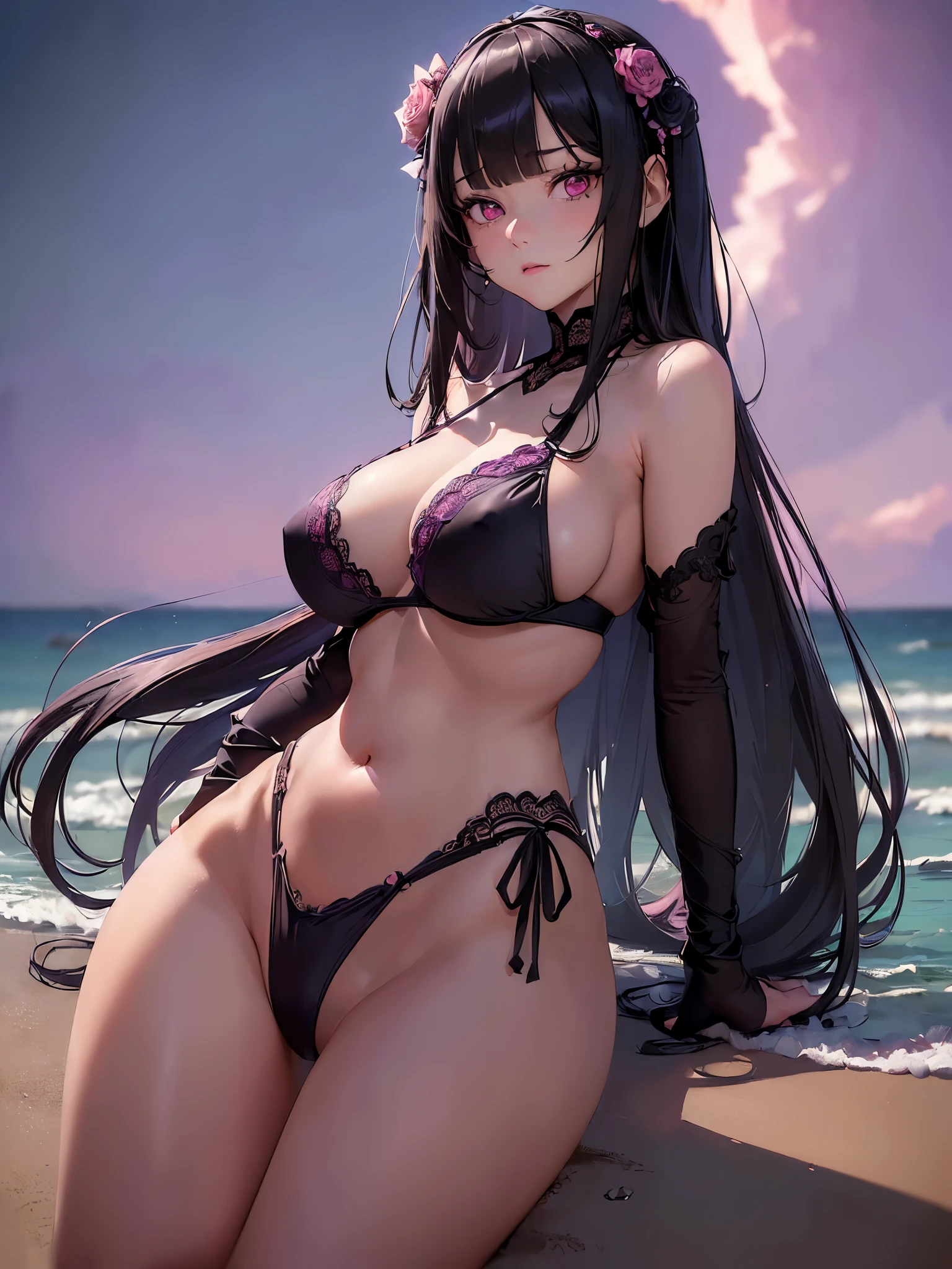 (masterpiece:1.5), (bestquality), (highlydetailed), (ultra-detailed), (1girl:1.2), ((solo girl)), ((woman in her 20s)), ((black long hair)), ((hime cut)), ((blunt bangs)), ((pink eyes)), ((sexy slim hourglass figure)), ((double D breasts)), ((large sexy breasts)), ((rose hair decoration)), ((purple lace bikini)), ((laying on the beach)), ((perspective from top)), ((nighttime)), ((best composition))