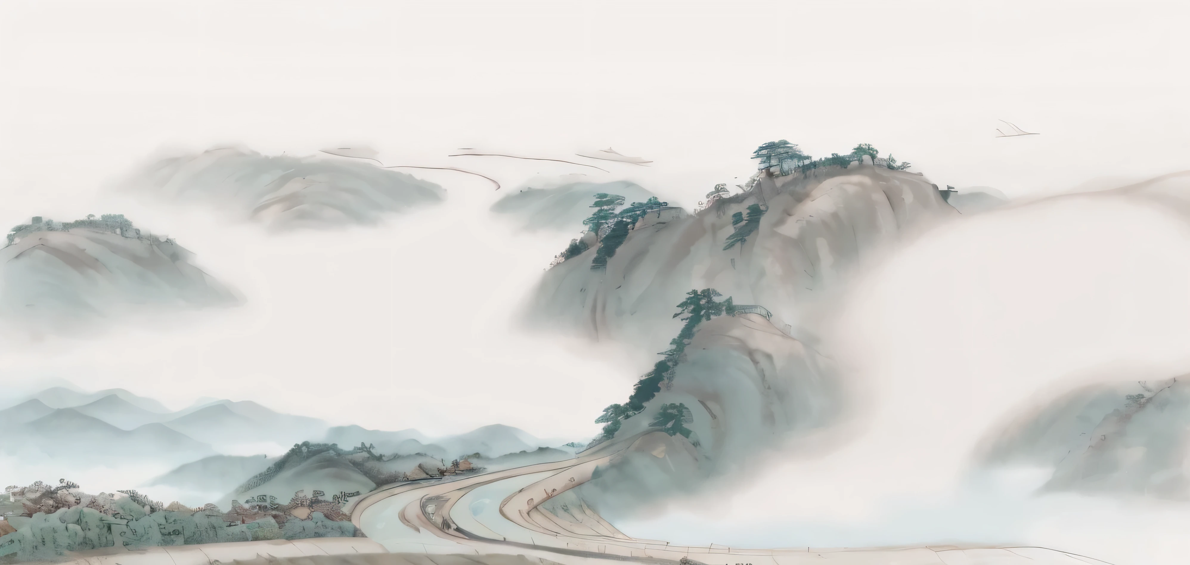 a close up of a long, winding, winding, winding, winding, winding, winding, winding, winding, winding, winding, winding, winding, winding, chinese painting style, artwork about a road to , chinese landscape, chinese style painting, chinese ink painting, cinematic silk road lanscape, great wall, inspired by Zhang Zongcang, chinese painting