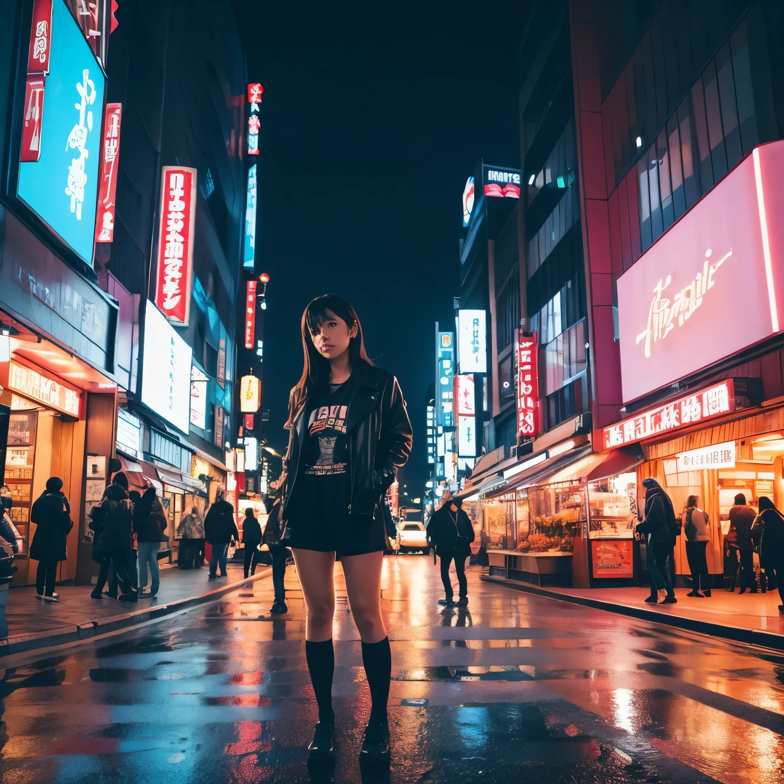 tina kawasaki, , Tokyo, surrounded by a mix of modern skyscrapers and traditional shops.
Ambiance: Evening scene with neon lights illuminating the streets, creating a colorful and lively atmosphere.
Outfit: Lightweight black jacket over a graphic tee, paired with black shorts.