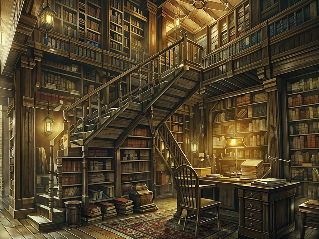 (((masterpiece、Highest image quality、highest quality、highly detailed unity 8kwallpaper)))、(((fantasy、grand library)))、(Large amount of books、Lined bookshelves、stage、3Storey)、high ceilings、dimly lit room、A messy floor with piles of books