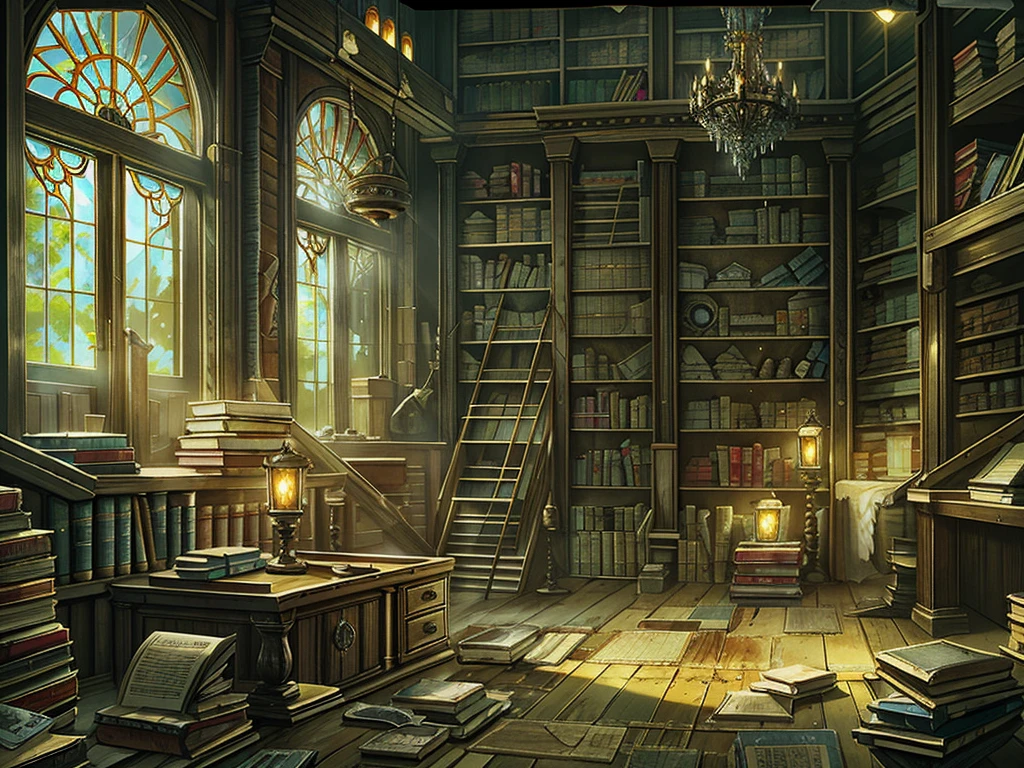 （（（masterpiece、Highest image quality、highest quality、highly detailed unity 8ｋwallpaper）））、（（（fantasy、grand library）））、（Large amount of books、Lined bookshelves、stage、３Storey）、high ceilings、dimly lit room、A messy floor with piles of books