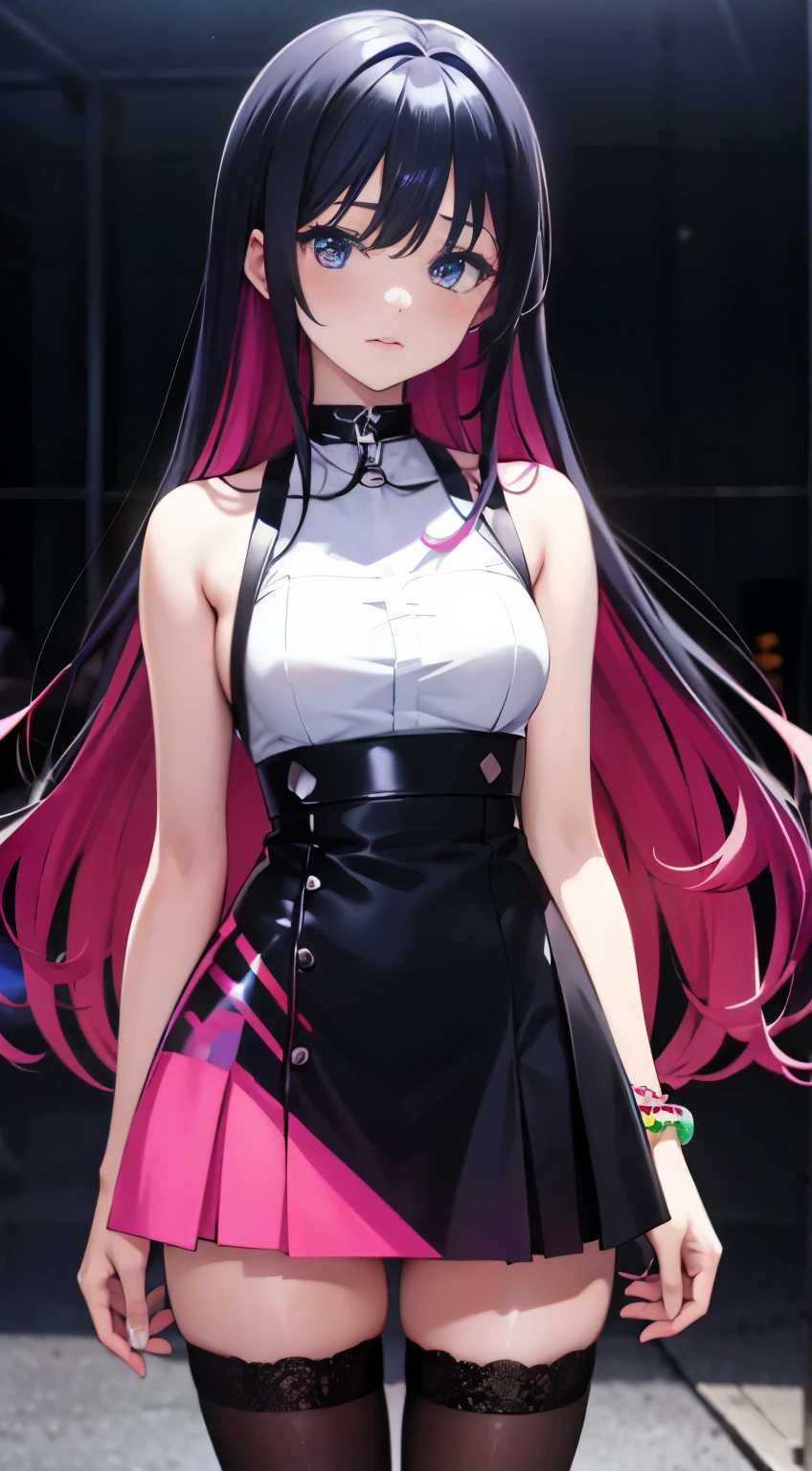 Anime girl, dark neon rainbow outfit, fashion design, fashion magazine