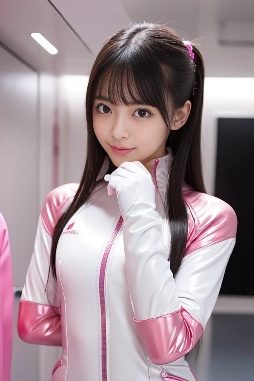 (Place your index finger on your chin, bend the index finger, Shiny rubber suit, gazing at viewer, Leaning forward, 1 girl, Looking at Viewer, from the front side, facing straight at viewer, white and pink clothes, White Gloves, futuristic spacesuit, Inside the spaceship room), Smile, Upper body, body suit, Mini Pencil Skirt, High neck clothing, Hide the neck, drooping eyes, Head tilt, masutepiece, Best Quality, an extremely cute girl, 20 years old, Black hair, pink line in the center of the clothes