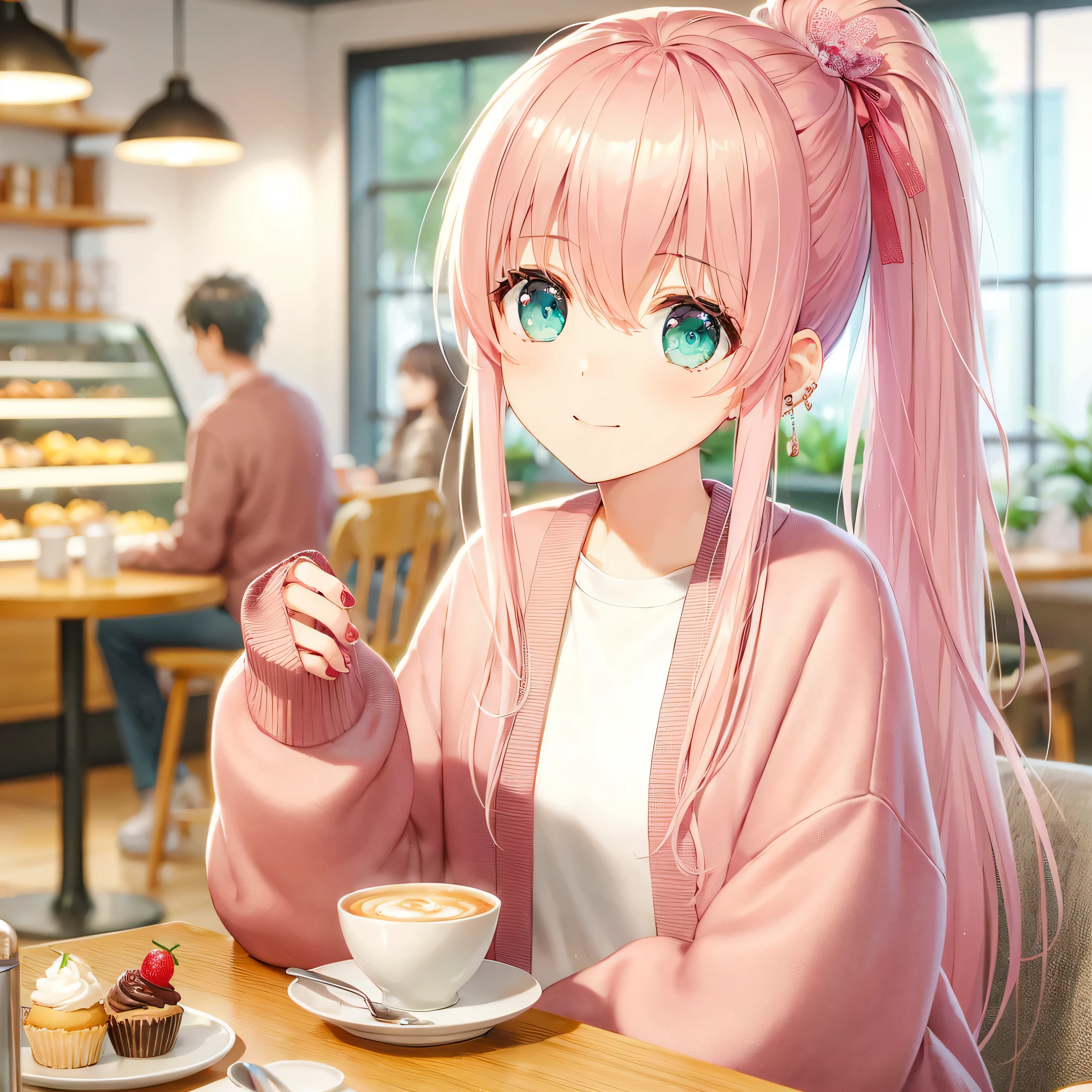 A high-quality 2D CG anime-style illustration of Momoka, a -yeld gi taking a break at her favorite cafe. Momoka has bright pink, silky straight hair with a hint of wave at the ends, tied in a high ponytail about 30 cm long, held by a thin, light pink fabric hairband. Her bright cherry blossom-colored eyes and clear, pure expression showcase her attractive figure. She's wearing a casual, stylish outfit, predominantly pink, perfect for a relaxed day out. The scene captures her serene and content personality as she's enjoying coffee and sweets, sitting at a table with a cozy and inviting atmosphere. The cafe should have a warm, welcoming vibe, with other customers and cafe interior details in the background. Size: 1024x1024 pixels.