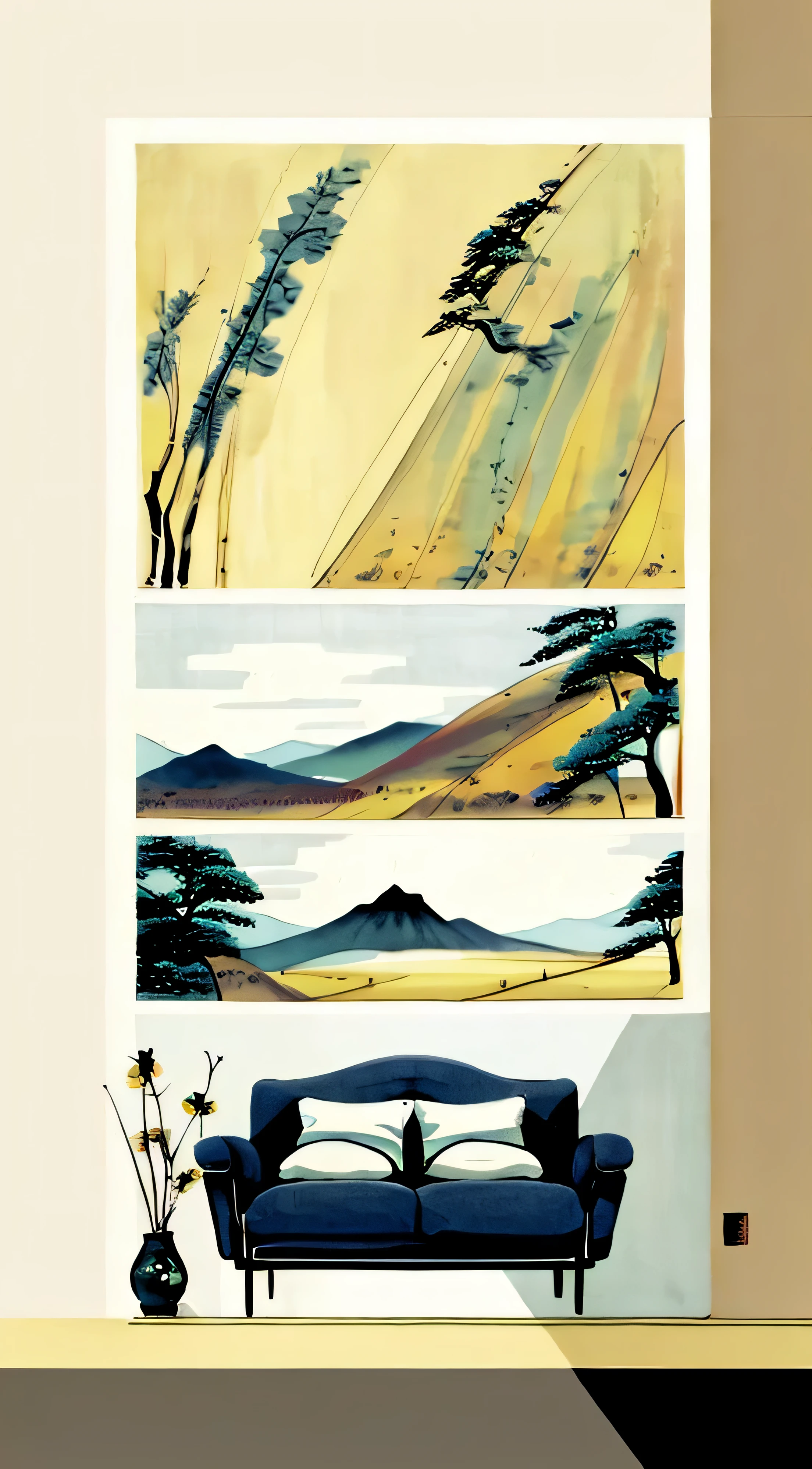 a close up of a couch with a painting on the wall, modern art style, landscape art, japanese art style, art style, scenery artwork, minimalist art style, contemporary art style, modern digital art, art poster, 4k art, mid century art, minimal art style, digital landscape art, artistic landscape, abstract scene design, minimalist painting