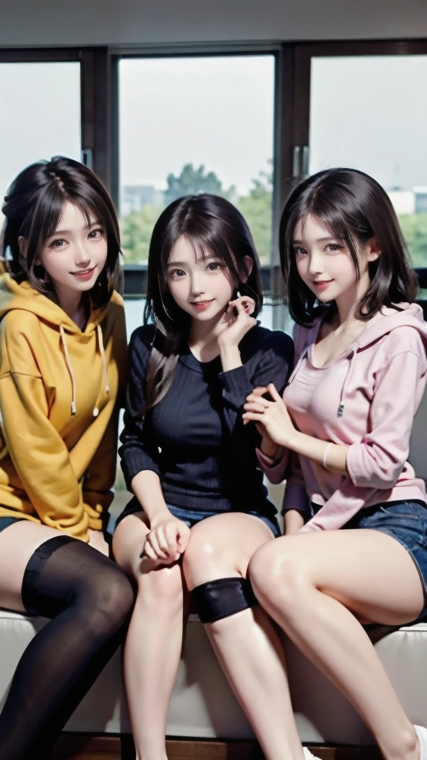 hot pants、Seductive smile、Supermodel、Perfect build、Muchimuchi、Three girls are looking at the viewer、 3 girls、、Thighhighs、beautiful feet、hot pants、smile、hoodie