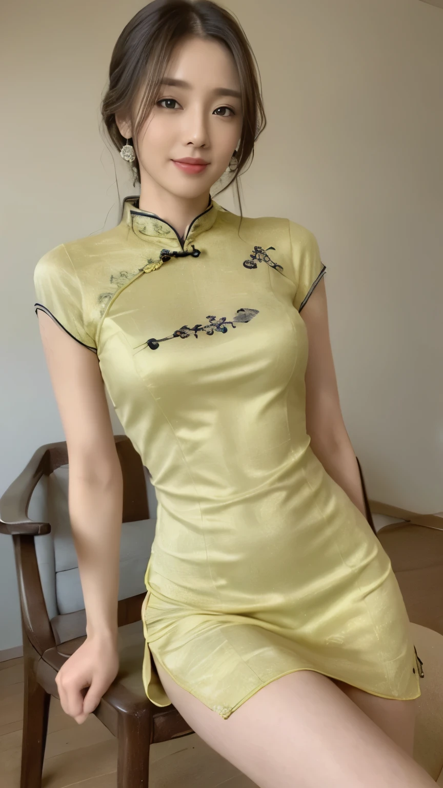 ((top-quality、8k、masterpiece:1.3))、Beautiful woman with perfect body:1.4、slim abdomen:1.2、Longhair, normal breast, Highly detailed facial and skin texture, A detailed eye, (smile), (full body shot), ((studio)), (sitting on chair), (((wearing yellow cheongsam), looking in front, (plain grey background)