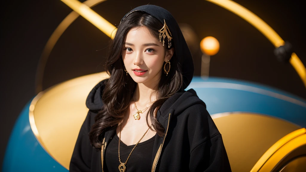 (masterpiece, best quality),  intricate details,, 1 girl,     mouth, colorful hair, blue eyes, shark hair ornament, golden hair accessories, Golden necklace, Golden bangles, sharp teeth, Grinning, Blue hoodie,,  Greek clothes, peplos,