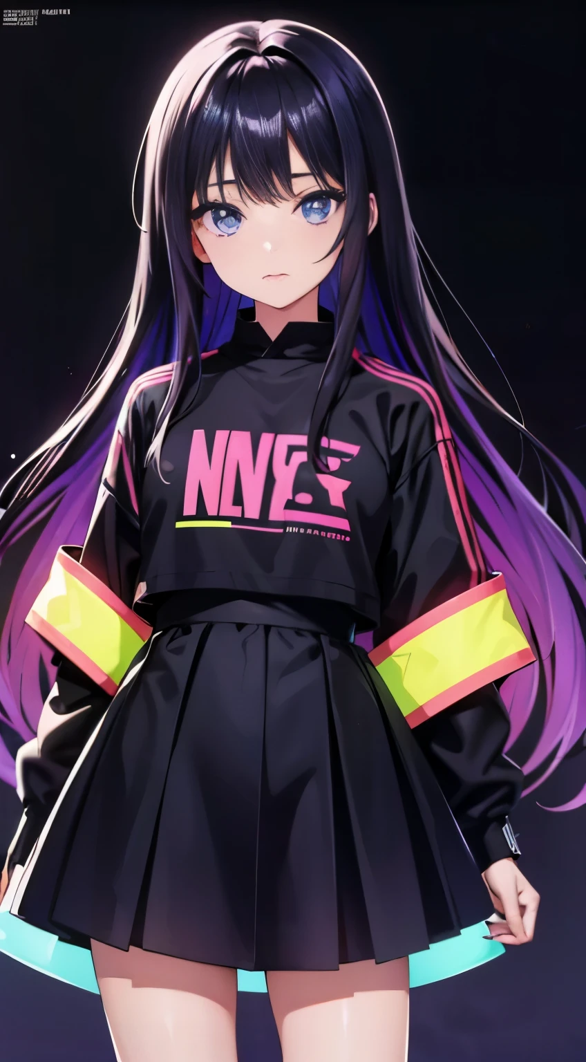 Anime girl, dark neon rainbow outfit, fashion design, fashion magazine