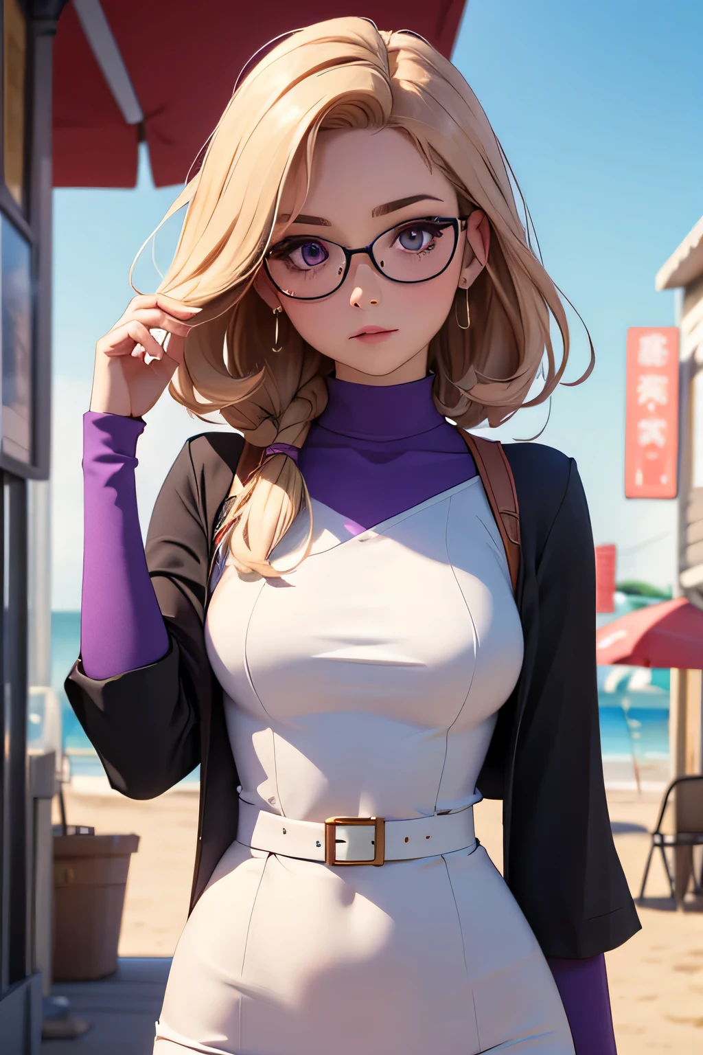 (masterpiece, professional photo:1.1), (8k, high resolution), single, solo women, European, (straight messy hair (dark blonde)), sexy curve, beautiful face, ultra detail eyes, (glasses:1.1), small breast, (high waist short pink:1.2), (purple high neck:1.2), sexy goddess, street, old beach side build, high quality image