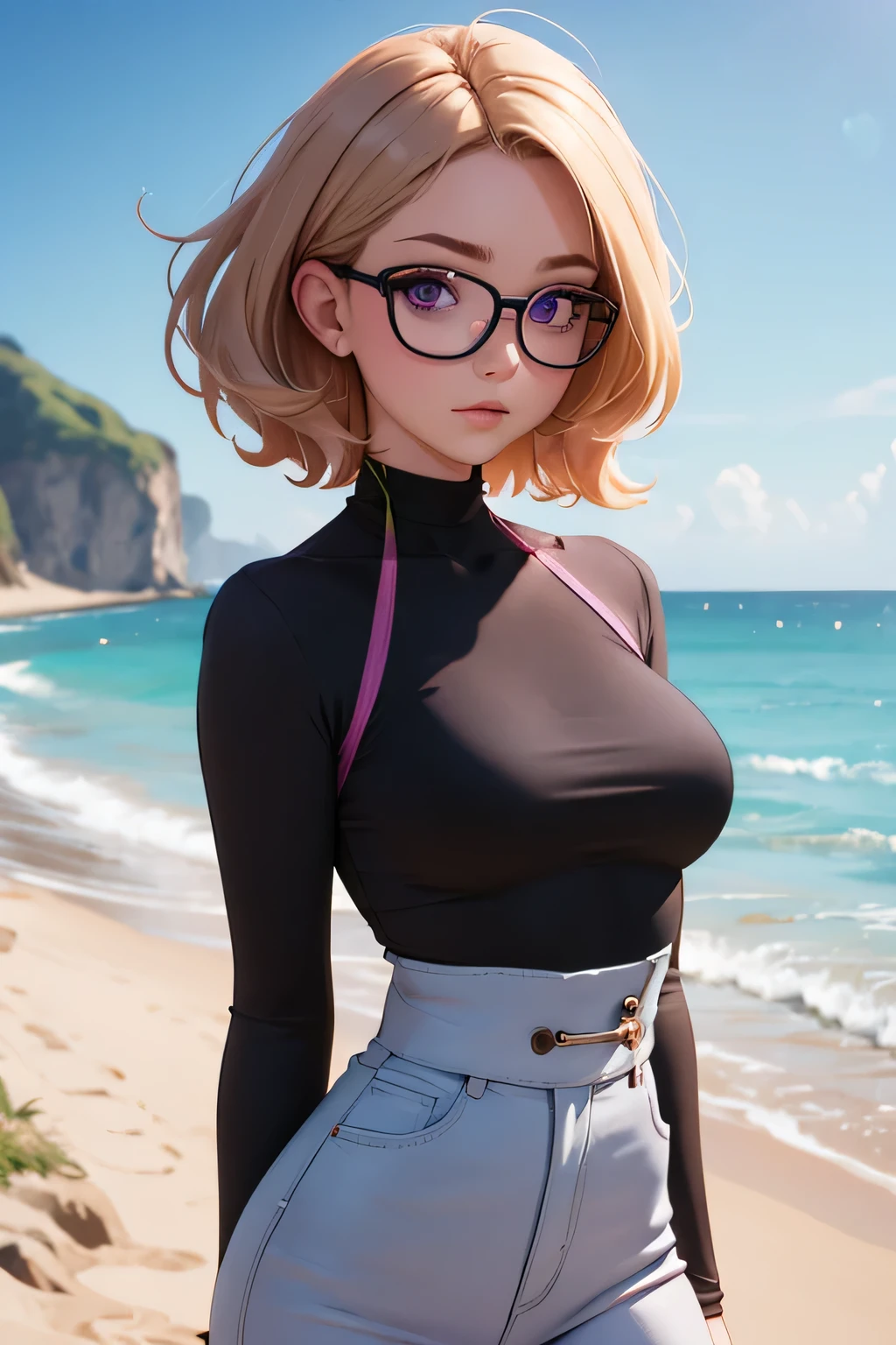 (masterpiece, professional photo:1.1), (8k, high resolution), single, solo women, European, (straight messy hair (dark blonde)), sexy curve, beautiful face, ultra detail eyes, (glasses:1.1), small breast, (high waist short pink:1.2), (red high neck:1.2), sexy goddess, street, old beach side build, high quality image