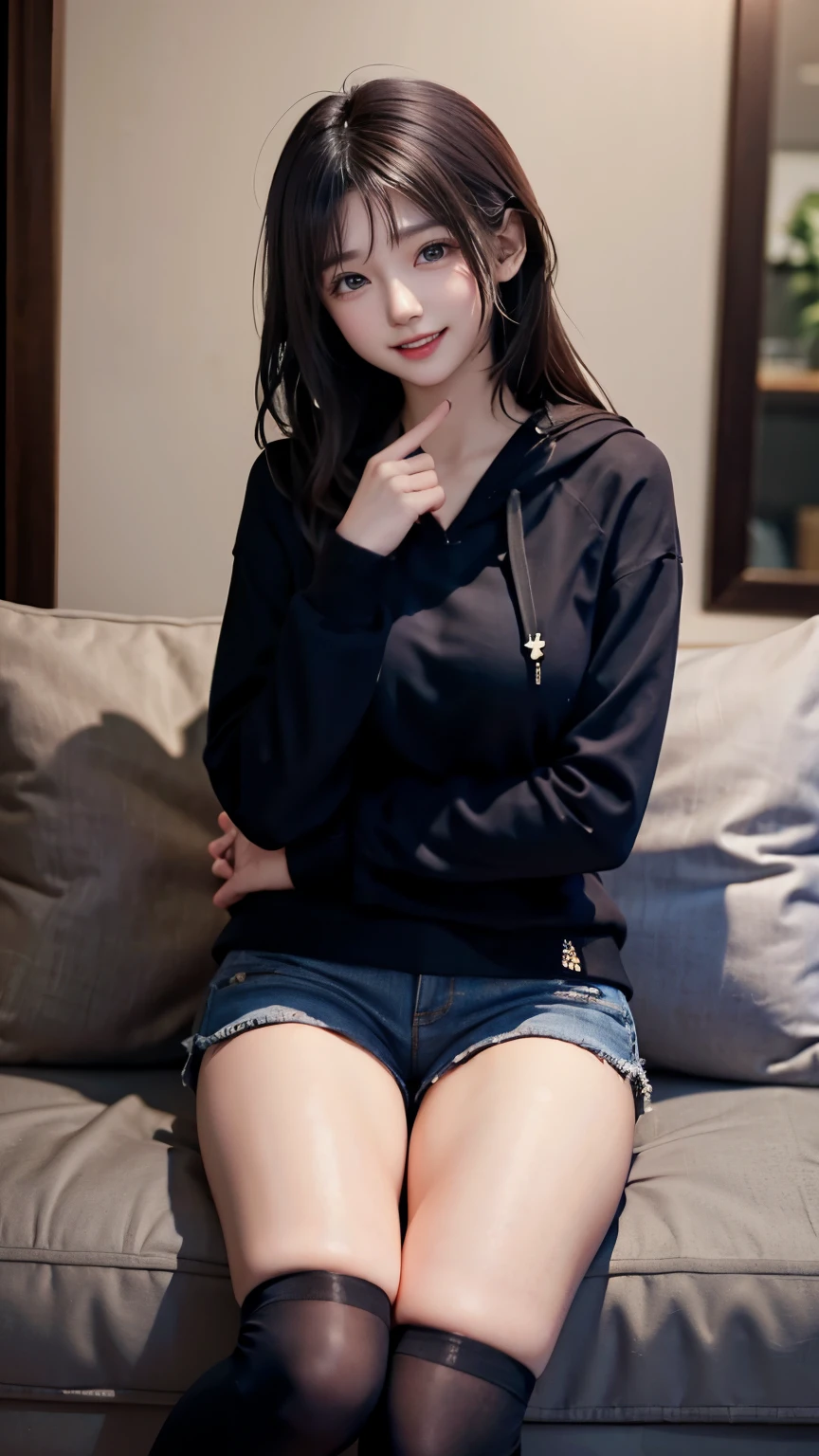 hot pants、Seductive smile、Supermodel、Perfect build、Muchimuchi、Three girls are looking at the viewer、　3 girls、、Thighhighs、beautiful feet、hot pants、smile、hoodie