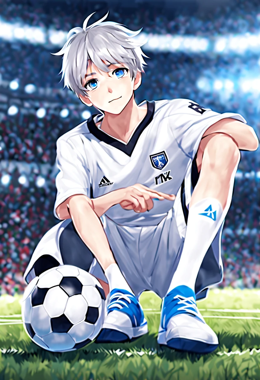 masterpiece，best quality，4k quality，unparalleled clarity，full body character，whole body， Delicate face，
 a boy，sports student，Handsome boy，cute，13 years old，anime characters，blue eyes，smirk，Male focus is prominent，Gray hair is messy，White tights on the upper body，Wear white compression pants，White basketball shoes，sitting position，white socks，soccer field background，Facing the audience with a clear face