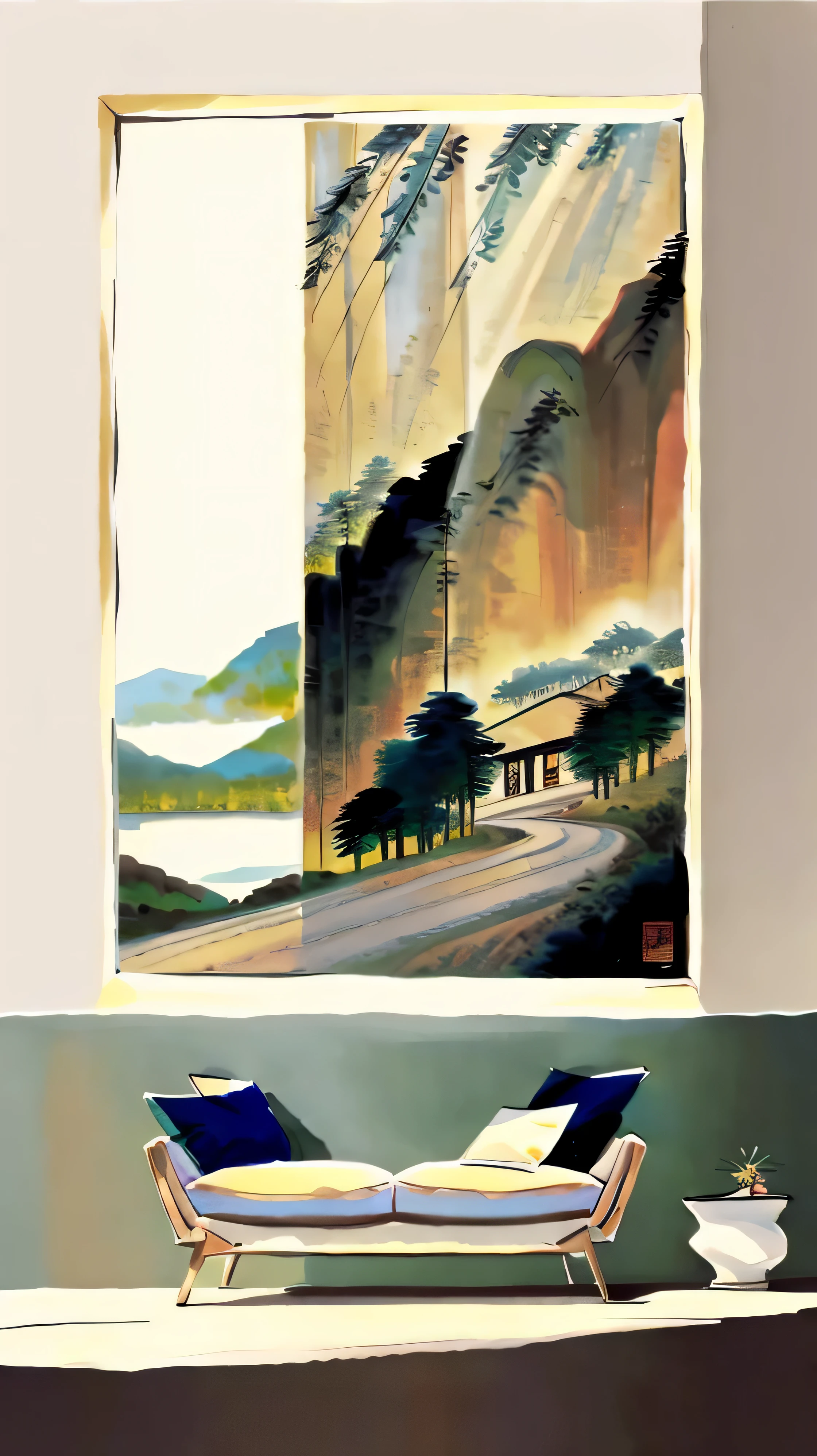 a close up of a couch with a painting on the wall, modern art style, landscape art, japanese art style, art style, scenery artwork, minimalist art style, contemporary art style, modern digital art, art poster, 4k art, mid century art, minimal art style, digital landscape art, artistic landscape, abstract scene design, minimalist painting