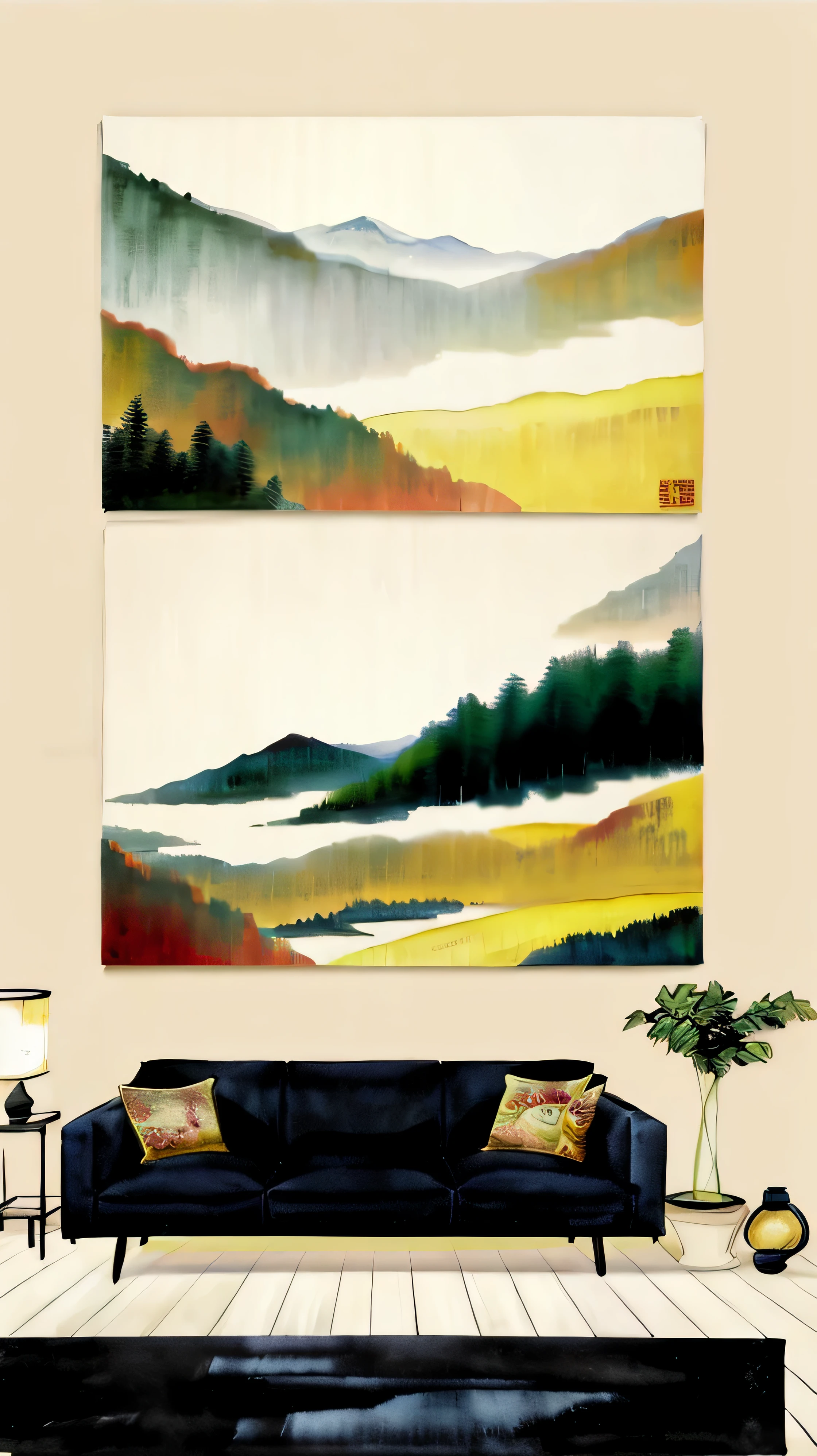 a close up of a couch with a painting on the wall, modern art style, landscape art, japanese art style, art style, scenery artwork, minimalist art style, contemporary art style, modern digital art, art poster, 4k art, mid century art, minimal art style, digital landscape art, artistic landscape, abstract scene design, minimalist painting