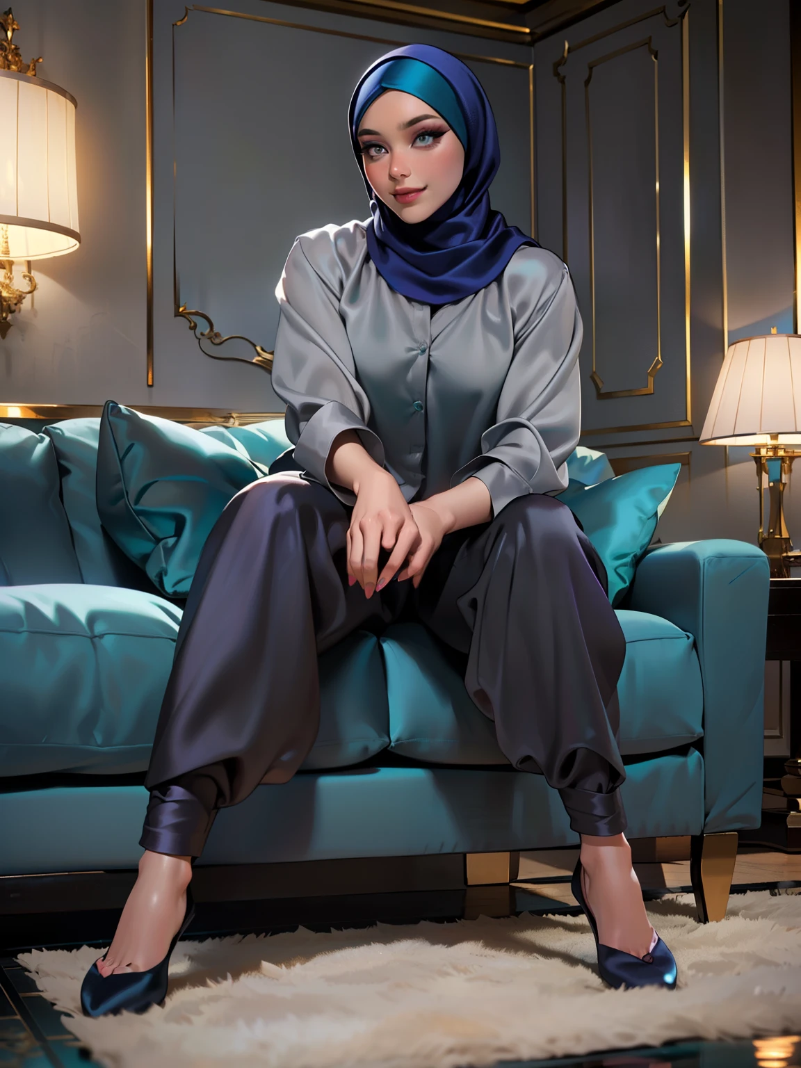 3DMM, ((Masterpiece, best quality, photography, detailed skin, realistic, photo-realistic, 8k, highly detailed, full length frame, High detail RAW color art, diffused soft lighting, shallow depth of field, sharp focus, hyperrealism, cinematic lighting, hijab, a woman, beautifully makeup, eyeshadow, beautiful big eyes, long eye lashes, tempting smile, wearing (Teal satin hijab), loosely tide hijab style, ((gray satin shirt)), satin long pants, laying on sofa, luxury hotel room, full body, front view