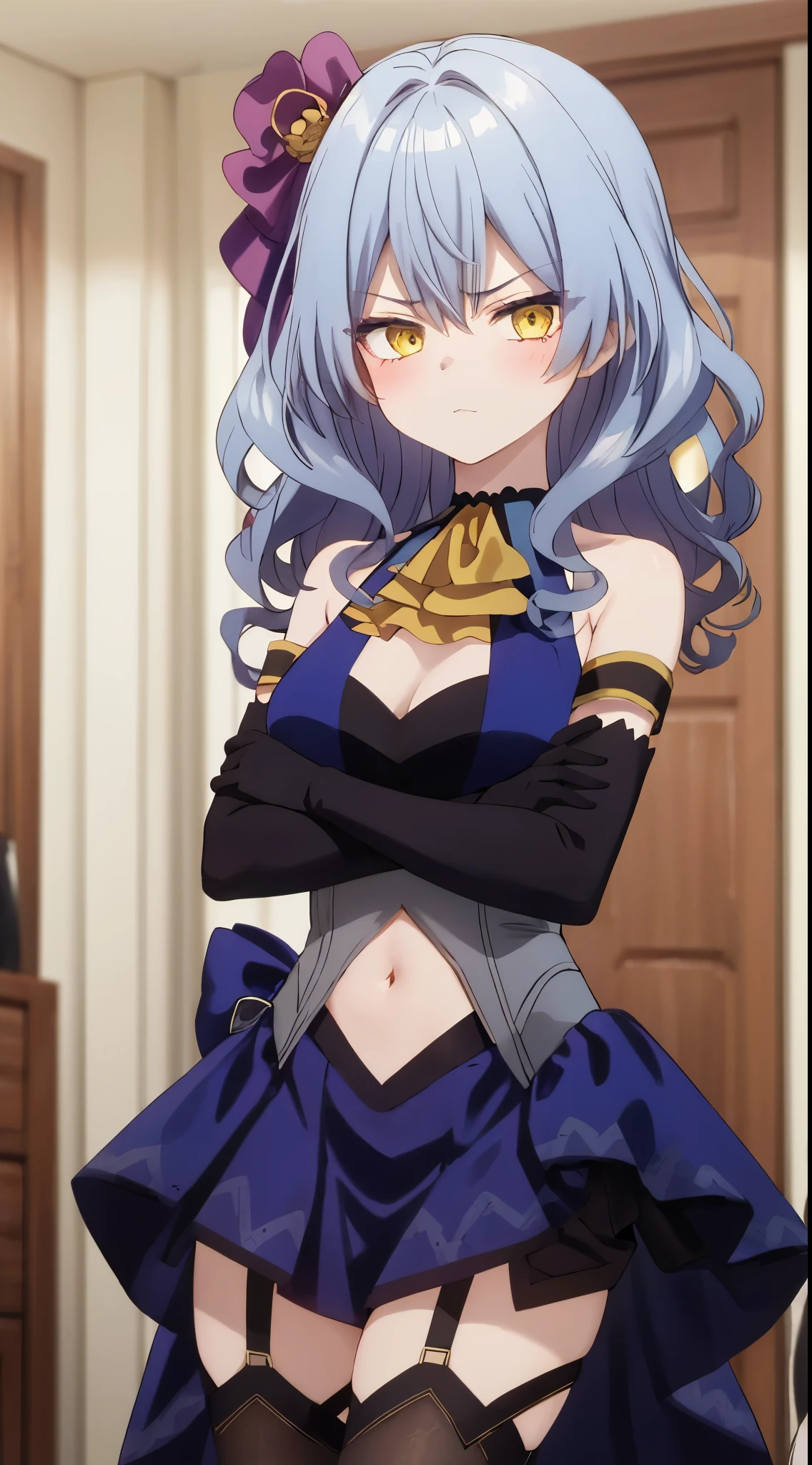 One girl with wavy hair, bangs, yellow eyes, looking at viewer, blushing, embarrassed, serious expression, indoor, living room, thighhighs, blue dress, blue skirt, black gloves, clothing cutout, dress, long skirt, bare shoulders, ascot, navel, clothing cutout, detached sleeves, thigh, crossed arms, mid-chest, day atmosphere, hair ornament, medium breasts, upper body, focus, blurry background, mature female 