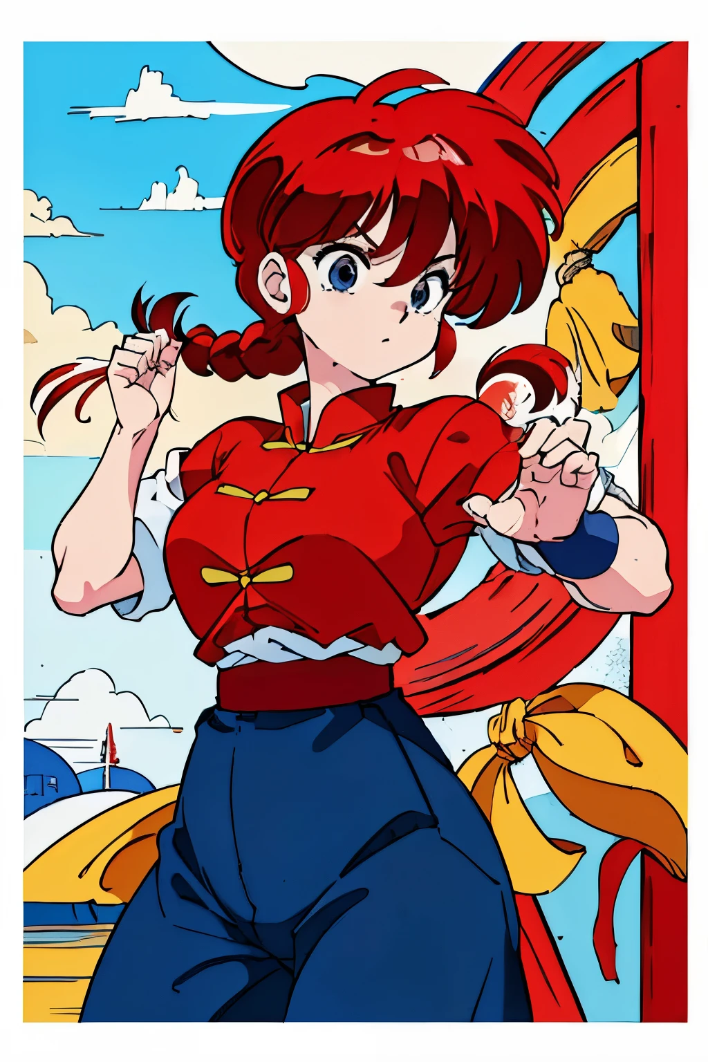 (8k, Foto RAW, La mejor calidad, Obra maestra:1.2), Ranma Chan, Ranma Red Shirt, red hair, braided belt, blue pants, martial art
