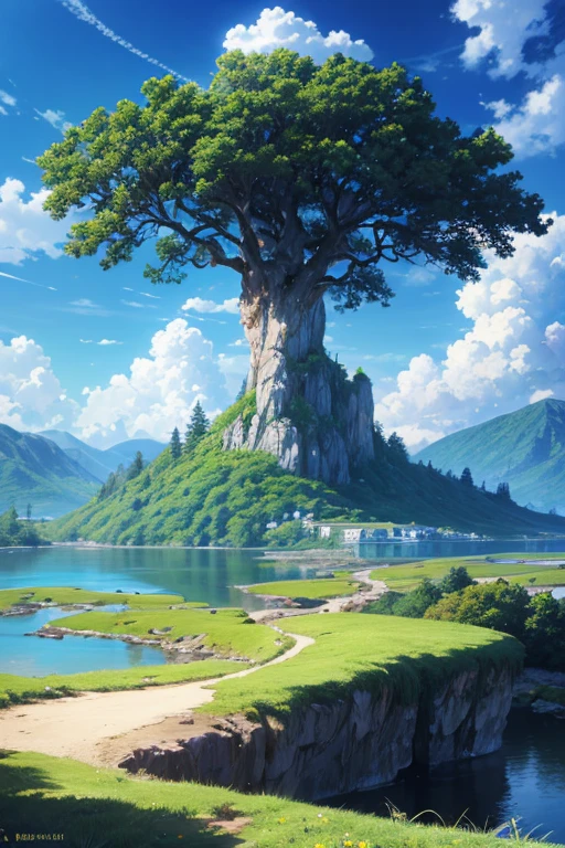 (best quality,4k,8k,highres,masterpiece:1.2),ultra-detailed,(realistic,photorealistic,photo-realistic:1.37),HDR,UHD,studio lighting,ultra-fine painting,sharp focus,physically-based rendering,extreme detail description,professional,vivid colors,bokeh,portrait,mountain,lake,sunshine,clouds,beautiful,countryside,peaceful,scenery,animation,new,sky,screen capture,studio by Studio Ghibli,landscape,your name style,anime style,beautiful anime scenery,beautiful anime landscape, animation snapshot,Your Name studio