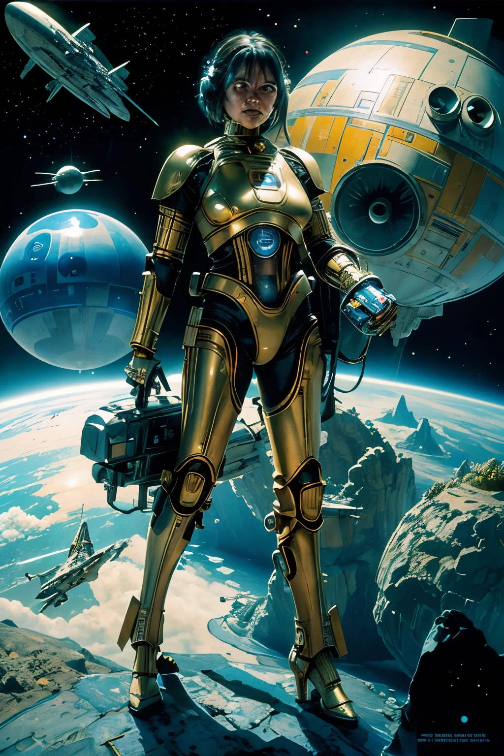 (Highest Quality, 16k), Star Wars, Concept Art – Sci-fi visionary masterpiece, Ultra-detailed and intricately designed spaceships, Droids, and characters, R2-D2 and C-3PO with their unique textures and expressions, A galaxy far, far away with various planets and stellar objects, Each star, planet, and spaceship rendered with extreme precision and photorealistic quality, High contrast and vibrant color scheme, Futuristic and scientific technology, Realistic human and alien figures, Each pore, wrinkle, and fabric texture visible, Distinct and lifelike, a captivating and immersive Sci-fi universe