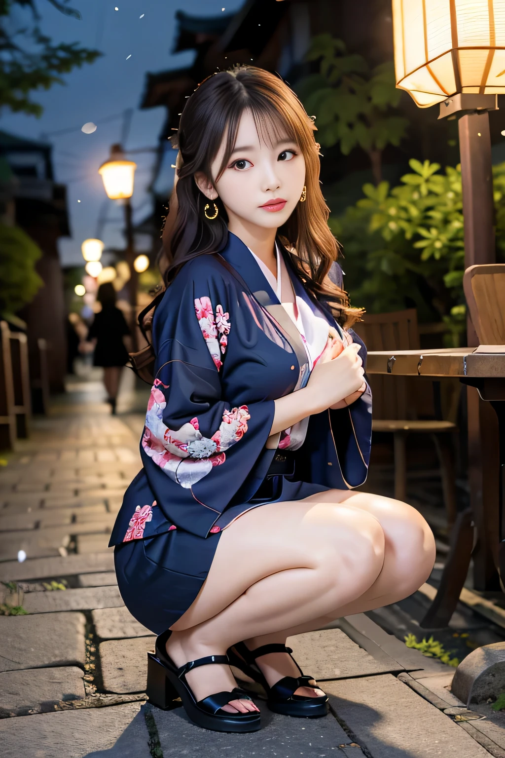 Japanese ID card ,((charming ,baby face:1.2)),(8k, original photo, super detailed, best quality:1.2), (actual, Photos are real:1.4), (Very detailed, ultra high resolution ,beautiful, on the table:1.2), ,Very detailed顔と目,shiny skin,(Upper body:1.professional lighting,soft light, sharp focus, writing border depth,medium hair,earrings, (Gorgeous floral pattern kimono clothing :1.3),( an old, light snow period，Neighborhood cobblestone alley, illuminated by vintage street lamps:1.3)Woman posing for photo, Qingfu, Nam Jae Hwa, Korean female idol avatar, Kimimi Takemura, Another close-up of Iwakura, Black-haired Ishida Yasuo, korean girl, Thirty year old, Hajime Kakiuchi, Wearing Japanese school uniform, anbenggang, official artwork，Naked of breast，kneeling position
