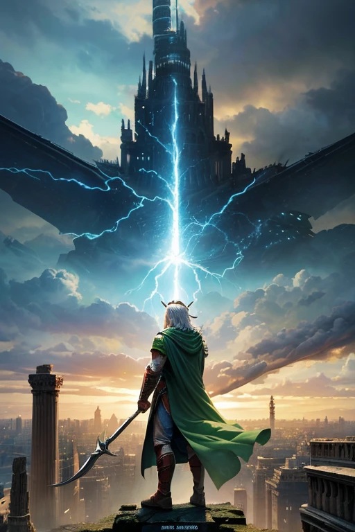 Alaphais, Wearing a green cloak, Standing on the platform of the big city, epic scene from marvel movie, Midgar, from avengers, Epic visual effects shots, 《God of thunder and lightning》movie stills, from avengers (2012), Rocky stills ( 2 0 2 1 ), Gandalf attacks ancient Athens, Movie screenshots, Screenshots