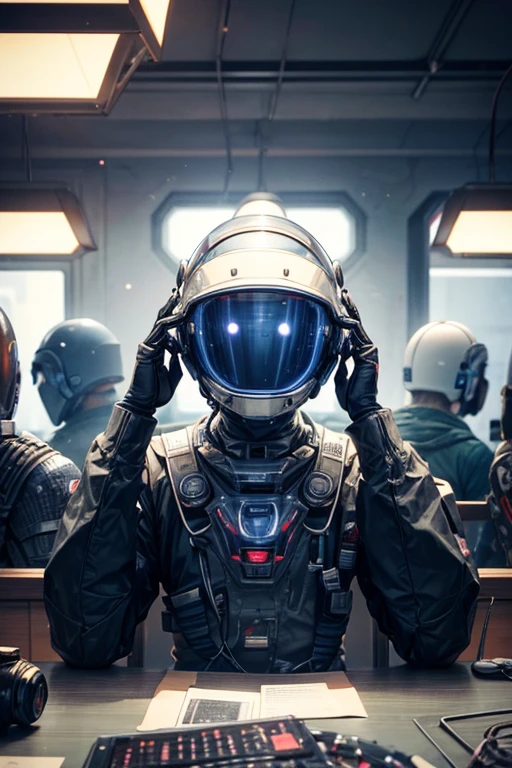 There is a man sitting at the table,There is a robot in the middle, Intricately broken space helmet, sci - fi equipment, Detailed cinematic footage, sci - fi film still, CPU with human brain, Medium close-up ( Microcontroller ), Hyperrealistic visual effects rendering, they share one head. Normal, work insurance. Normal, Modular synthesizer helmet, Helmet removed
