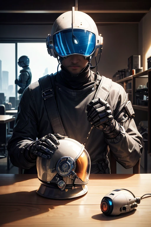 There is a man sitting at the table，There is a robot in the middle, Intricately broken space helmet, sci - fi equipment, Detailed cinematic footage, sci - fi film still, CPU with human brain, Medium close-up ( Microcontroller ), Hyperrealistic visual effects rendering, they share one head. Normal, work insurance. Normal, Modular synthesizer helmet, Helmet removed