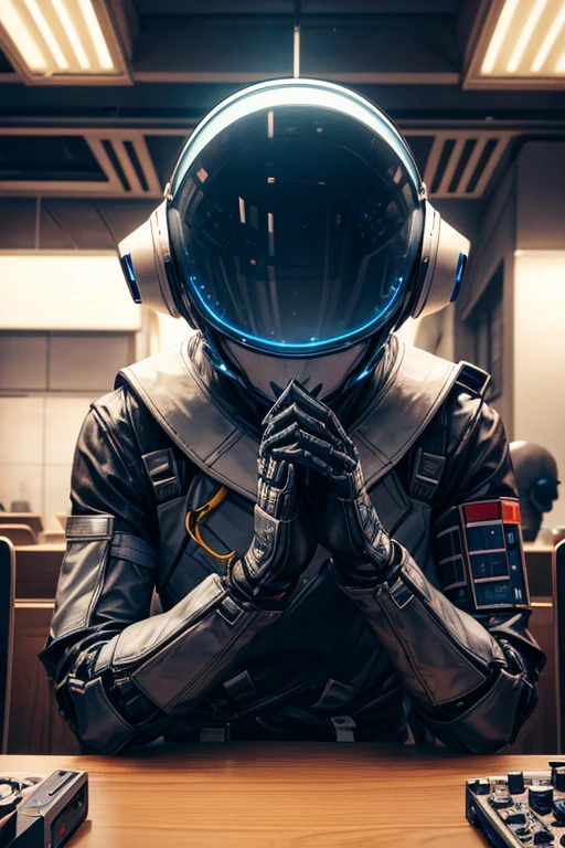 There is a man sitting at the table，There is a robot in the middle, Intricately broken space helmet, sci - fi equipment, Detailed cinematic footage, sci - fi film still, CPU with human brain, Medium close-up ( Microcontroller ), Hyperrealistic visual effects rendering, they share one head. Normal, work insurance. Normal, Modular synthesizer helmet, Helmet removed
