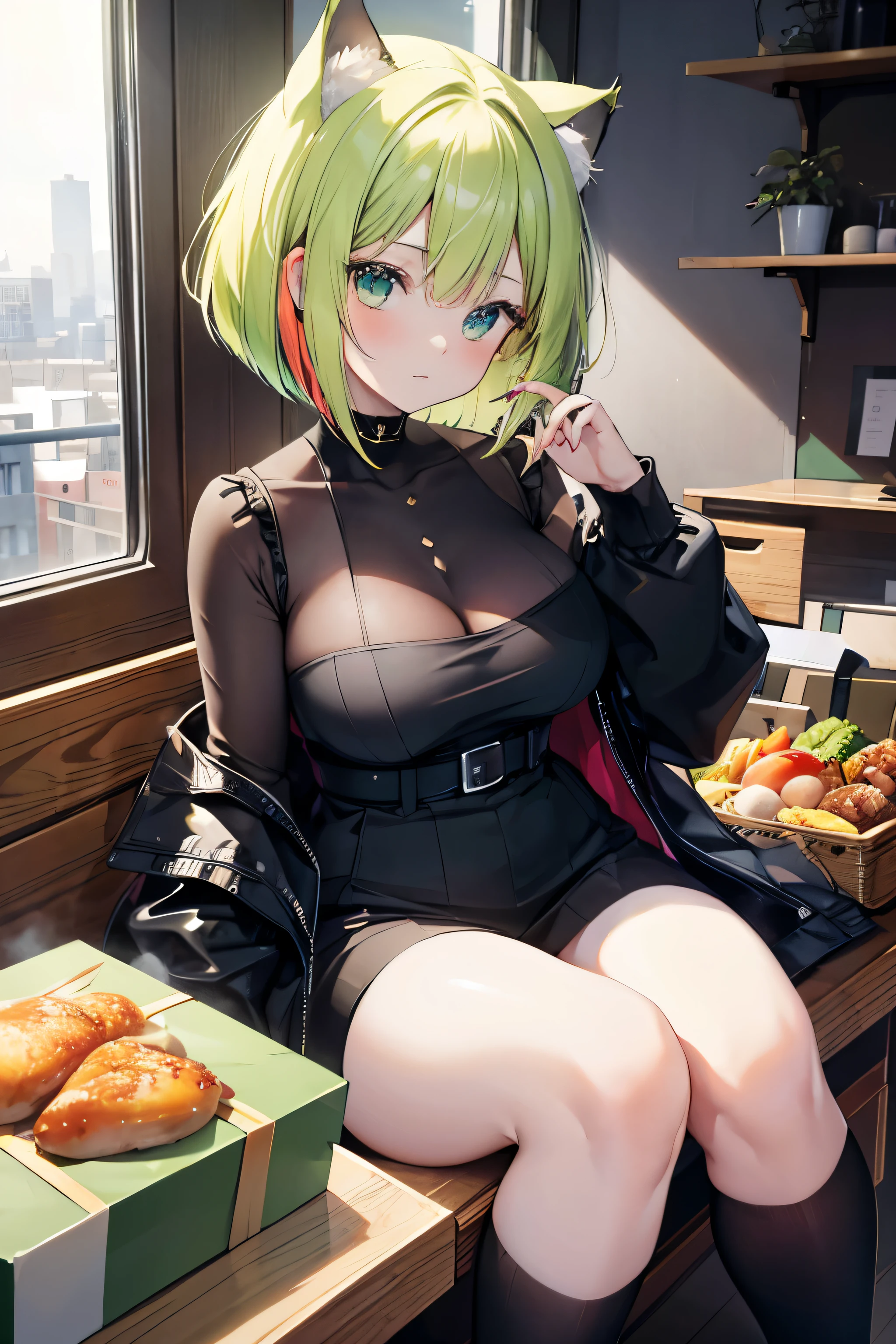 ((masterpiece)), ((best quality)), ((8K)), high resolution, 1girl, cat ears,city, pale skin, large breasts, green eye, multicolored hair, bob cut, gift box, noon, lunch, chicken,