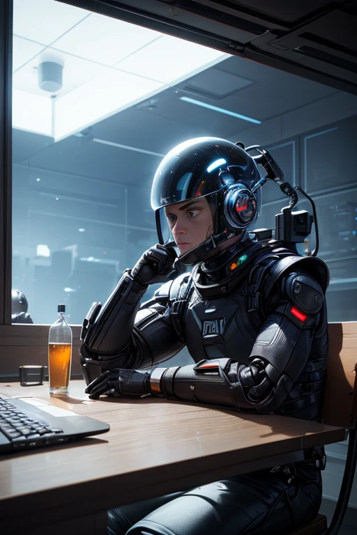 A man sitting at a table, a robot in the middle, intricately damaged space helmet, futuristic equipment, detailed movie shots, sci-fi movie stills, CPU with a human brain, medium close-up (microchip), surreal visual effects rendering, sharing a head, cinematic, job security, cinematic, modular synthesizer helmet, helmet removed. (best quality, 4k, 8k, highres, masterpiece:1.2), ultra-detailed, (realistic, photorealistic, photo-realistic:1.37), HDR, UHD, studio lighting, ultra-fine painting, sharp focus, physically-based rendering, extreme detail description, professional, vivid colors, bokeh, portraits, sci-fi, concept artists, futuristic color palette, dynamic lighting.