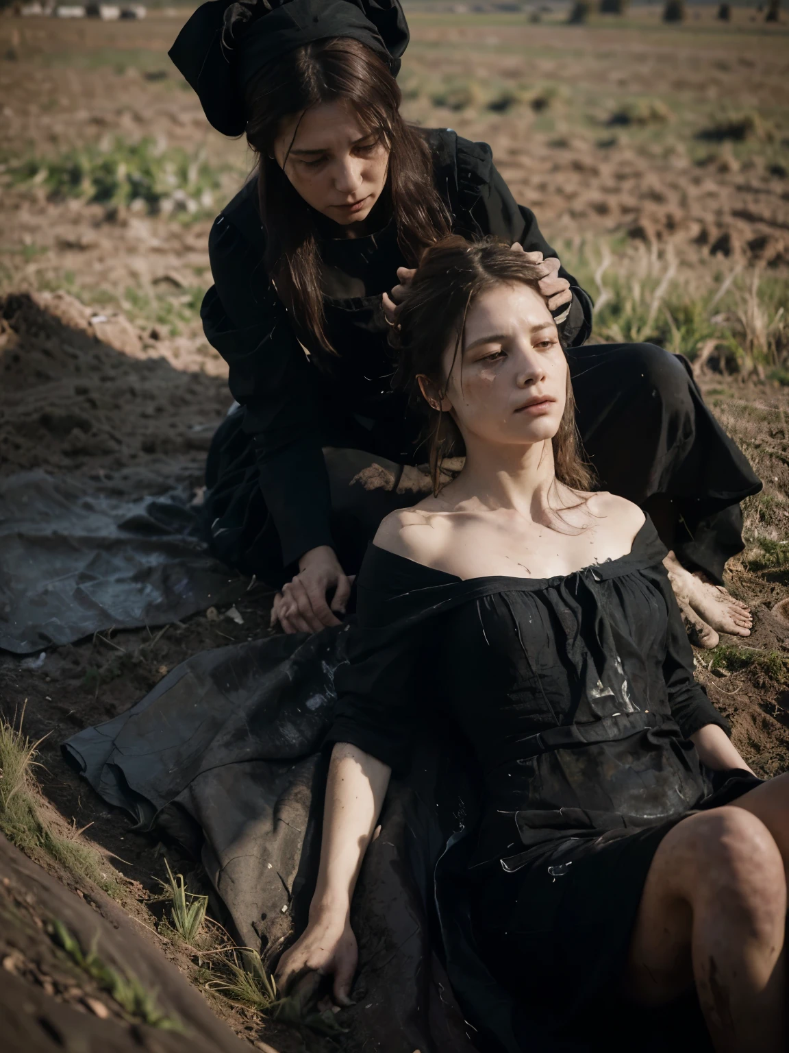 ((Jeremy Lipking style)) ((Nicola Samori style)) woman buried in the ground, two very ugly sad women, ((long black dress)), front, sky, field)), hair up, (oil on linen), (photo from nikon d800, 50mm
lens), focus, ((two women with legs buried in the ground))