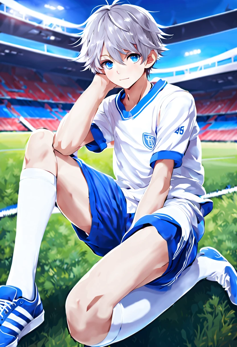 masterpiece，best quality，4k quality，unparalleled clarity，full body character，whole body， Delicate face，
 a boy，sports student，Handsome boy，cute，13 years old，anime characters，blue eyes，smirk，male focus，Gray hair is messy，White tights on the upper body，Wear White Tights，White basketball shoes，sitting position，white socks，soccer field background，Facing the audience，Spread your legs and your face is clear